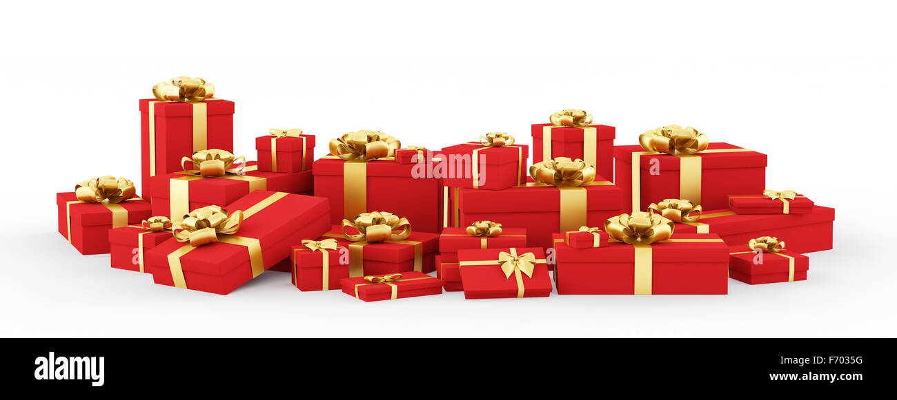 Red christmas gift boxes, presents with golden bows and ribbons ...