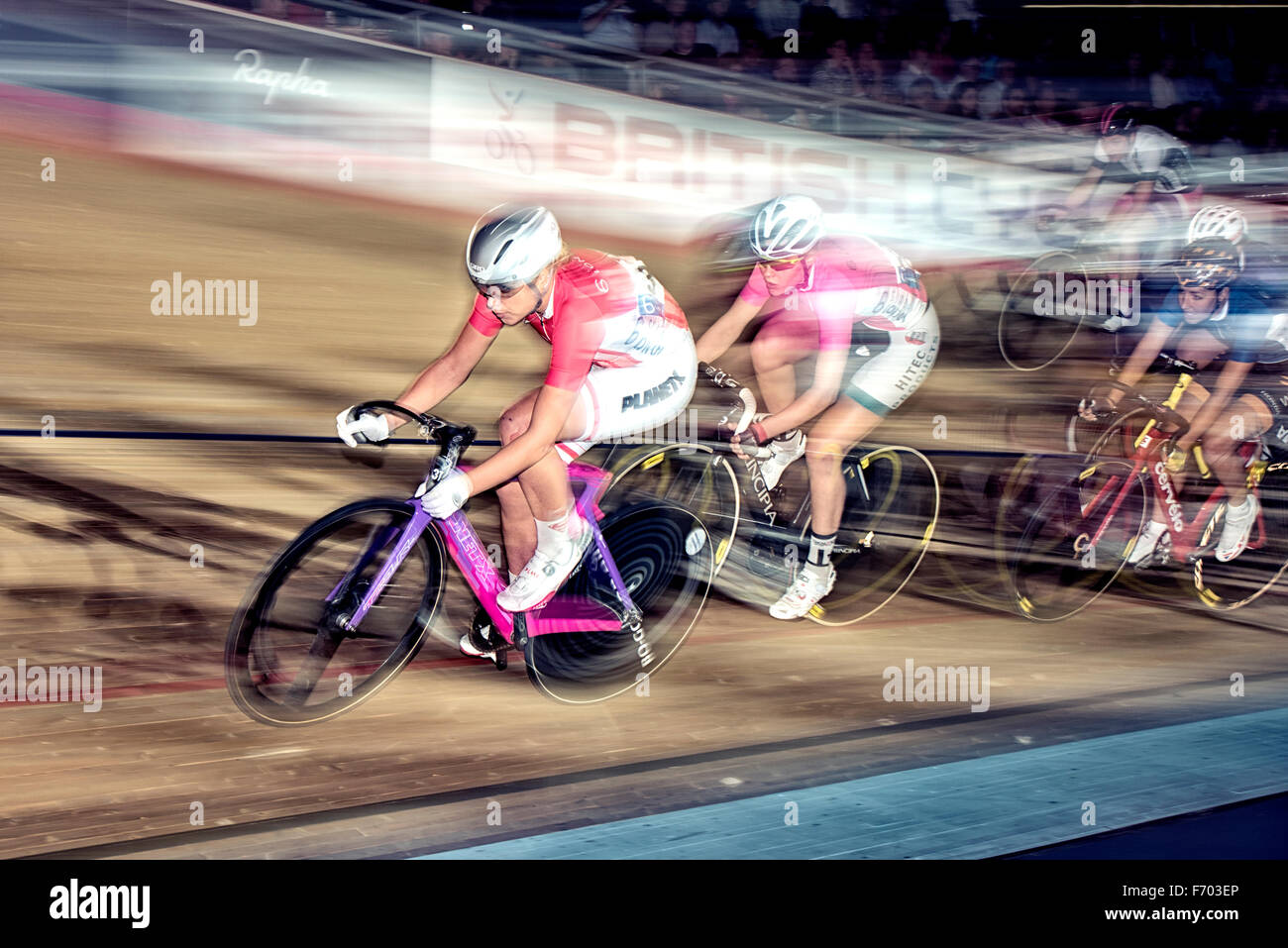 Malgorzata Wojtyra leads the field at the London Six Day cycling event at Lee Valley Velopark, London, UK, on 22 October 2015. Stock Photo