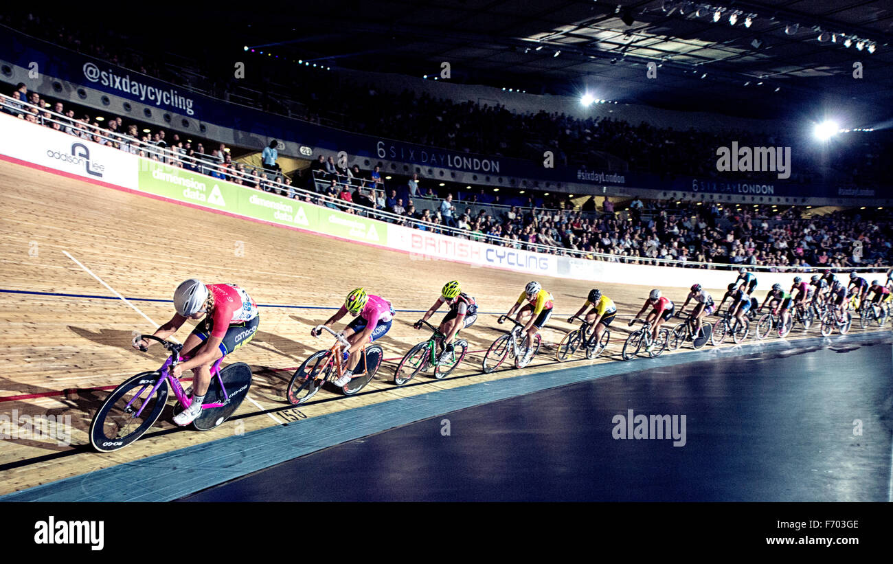 Female cyclists take part in the London Six Day cycling event at Lee Valley Velopark, London, UK, on 23 October 2015. Stock Photo