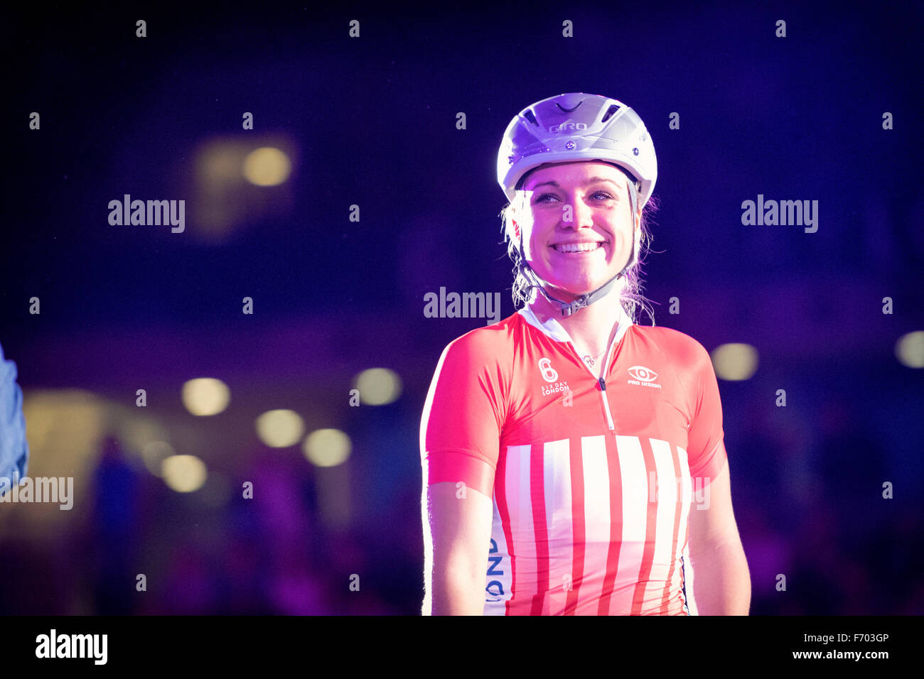 2015 event winner Malgorzata Wojtyra at the London Six Day cycling event at Lee Valley Velopark, London, UK, on 23 October 2015. Stock Photo