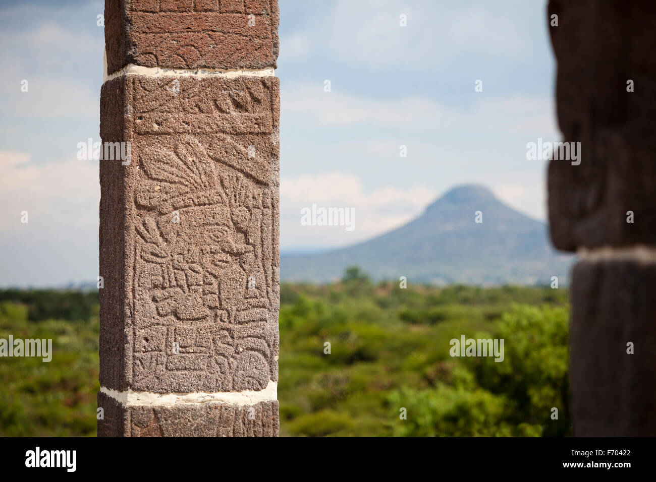 Relief on a column near the famous Atlantes on top of the main pyramid at the Toltec ruins of Tula, Mexico. Stock Photo