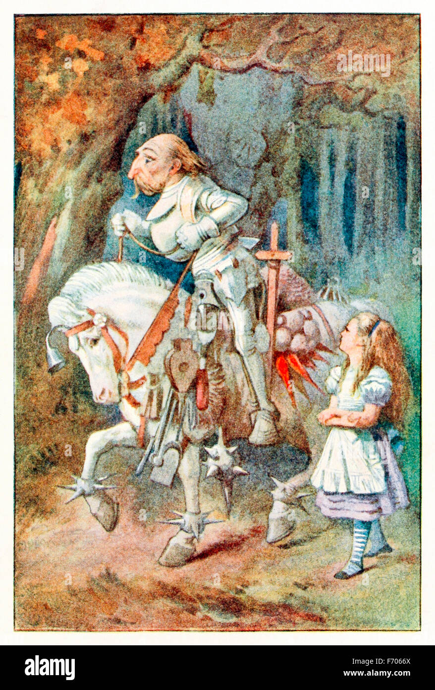 'The White Knight' from 'Through the Looking-Glass and What Alice Found There' by Lewis Carroll (1832-1898), illustrated by Sir John Tenniel. See description for more information. Stock Photo