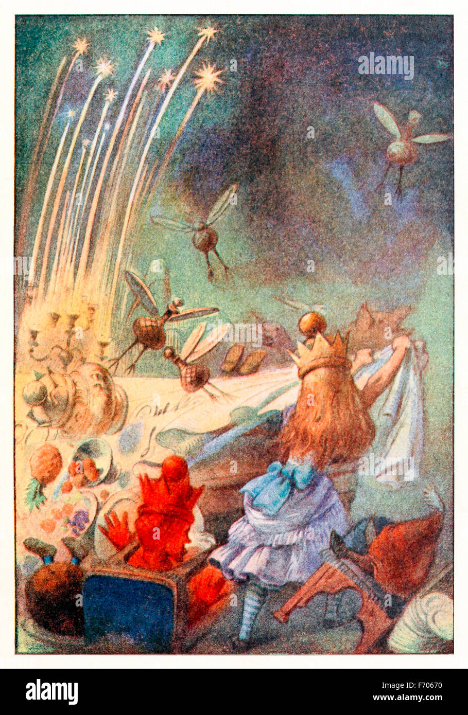 'One good pull, and plates, dishes, guests, and candles came crashing down together in a heap' from 'Through the Looking-Glass and What Alice Found There' by Lewis Carroll (1832-1898), illustrated by Sir John Tenniel. See description for more information. Stock Photo