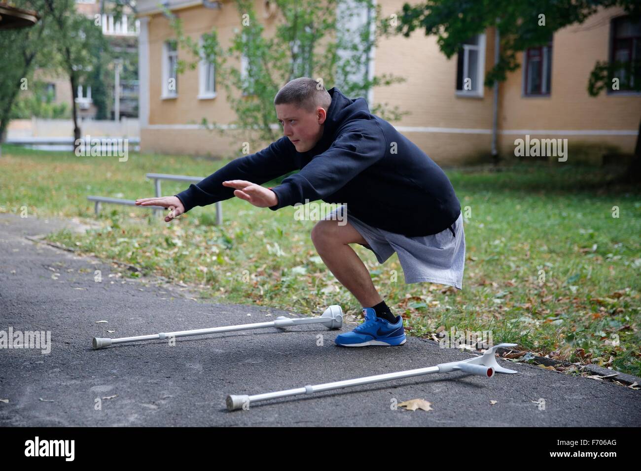 Sergiy Ilnivsky, 19-years-old, rehabilitates after losing one of his legs while fighting with the 79th Airmobile Battalion of the Ukrainian Army near Lugansk during the countries violent civll war between Ukrainian patriots, and pro-Russian separatists. Ilnivksy said 40 Grad rockets were fired from Russian territory onto his unit's position within a minute in July. Lugansk is located just inside Ukrainian territory. Stock Photo