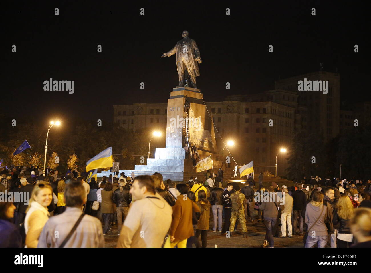 Ukrainianian protesters cut down the Lenin Statue on Freedom Square in Kharkiv, a predominately Russian speaking area. The statue, one of the largest in Ukraine, is on the largest square in the country. Stock Photo
