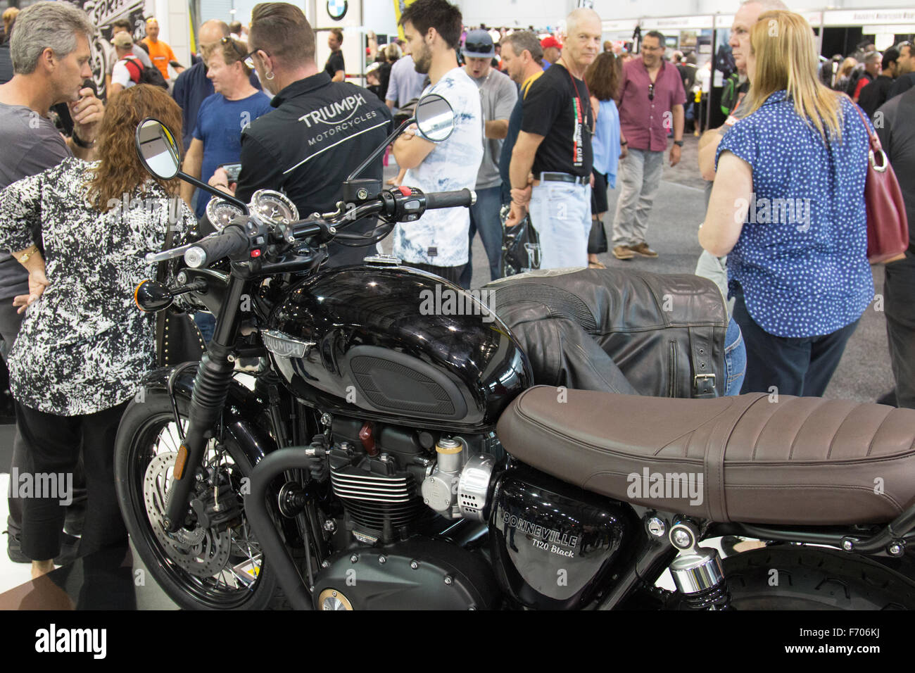 Triumph Bonneville T120 black on display at the Sydney motorcycle show in Homebush,Australia Stock Photo