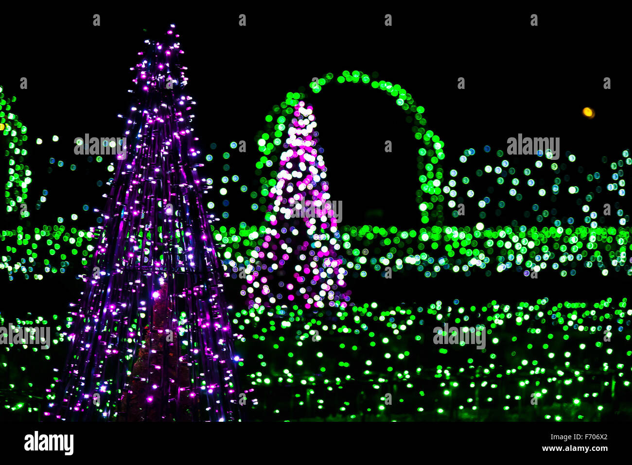 Christmas Lights and Construction of Christmas Tree from Strings of Garland Stock Photo