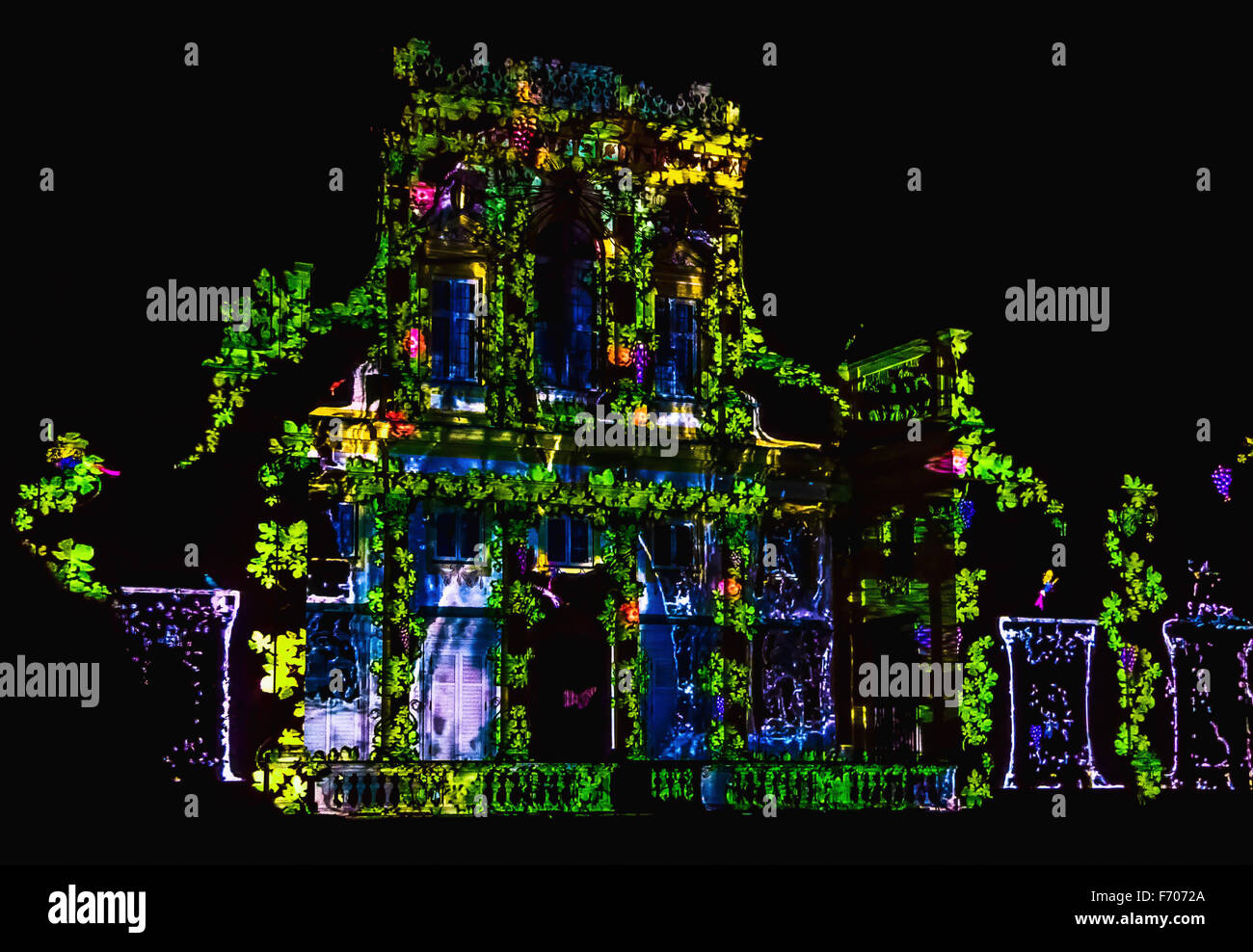 Illuminated Facade of Palace or Old Building. Video-Mapping show on the Facade of Wilanow Palace Stock Photo
