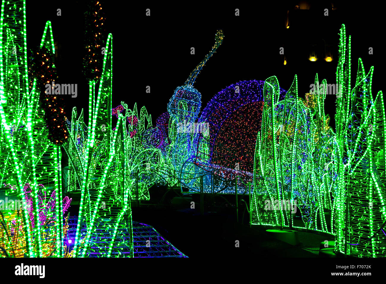 Garden of Christmas Lights with Sculptures of Snail and Grass made from Colorful Lamps on Garland Stock Photo