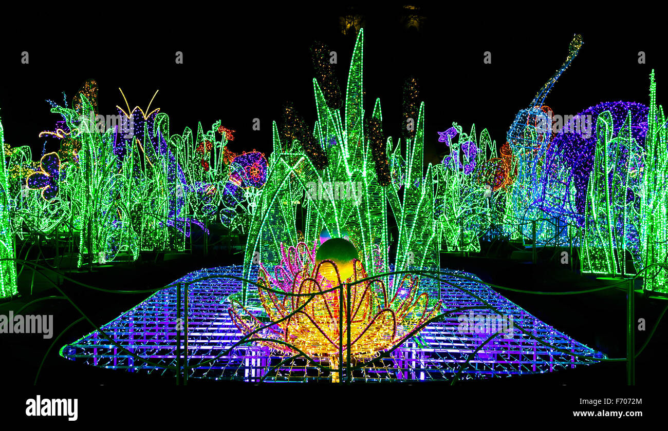 Garden of Christmas Lights with Colorful Sculptures at Night Stock Photo