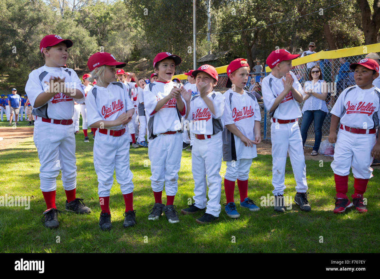 Oak View, California, USA, March 7, 2015, Ojai Valley Little League Field,youth  Baseball, Spring, Tee-Ball Division players Stock Photo