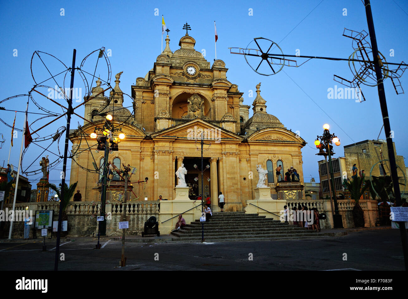 The basilica of Nadur (or In-Nadur) at dusk, dedicated to the apostles Saints Peter and Paul, Gozo island, Malta Stock Photo