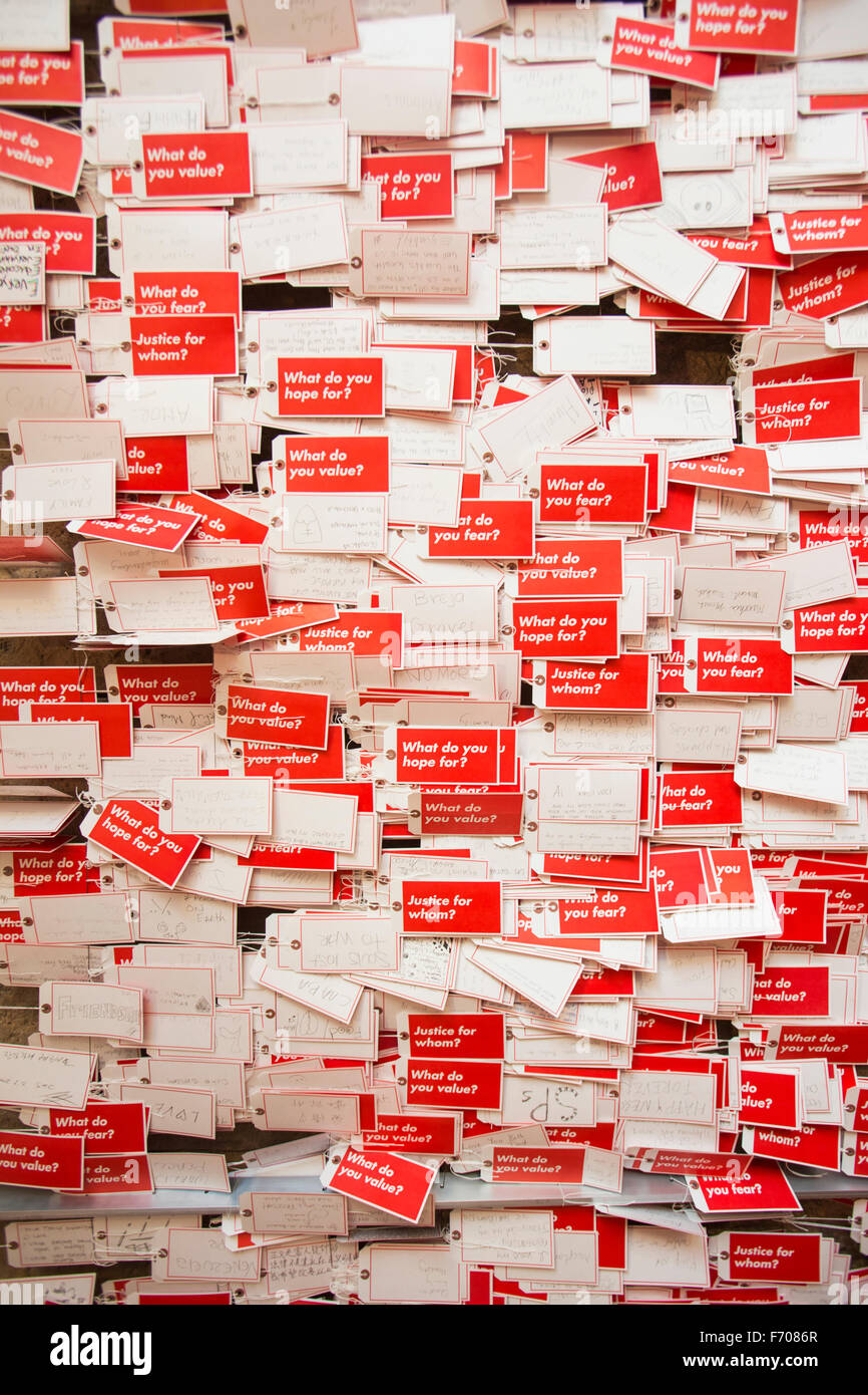 Los Angeles, California, USA, May 24, 2015, Getty Museum, red tags asking "What do you hope for