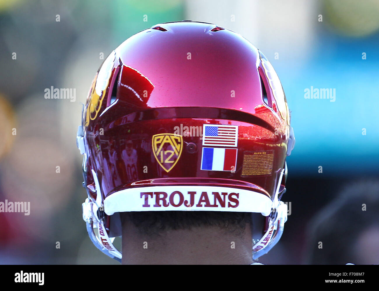Autzen Stadium, Eugene, OR, USA. 21st Nov, 2015. The USC Trojans honor the Paris tragedy for the NCAA football game between the Ducks and the USC Trojans at Autzen Stadium, Eugene, OR. Larry C. Lawson/CSM/Alamy Live News Stock Photo