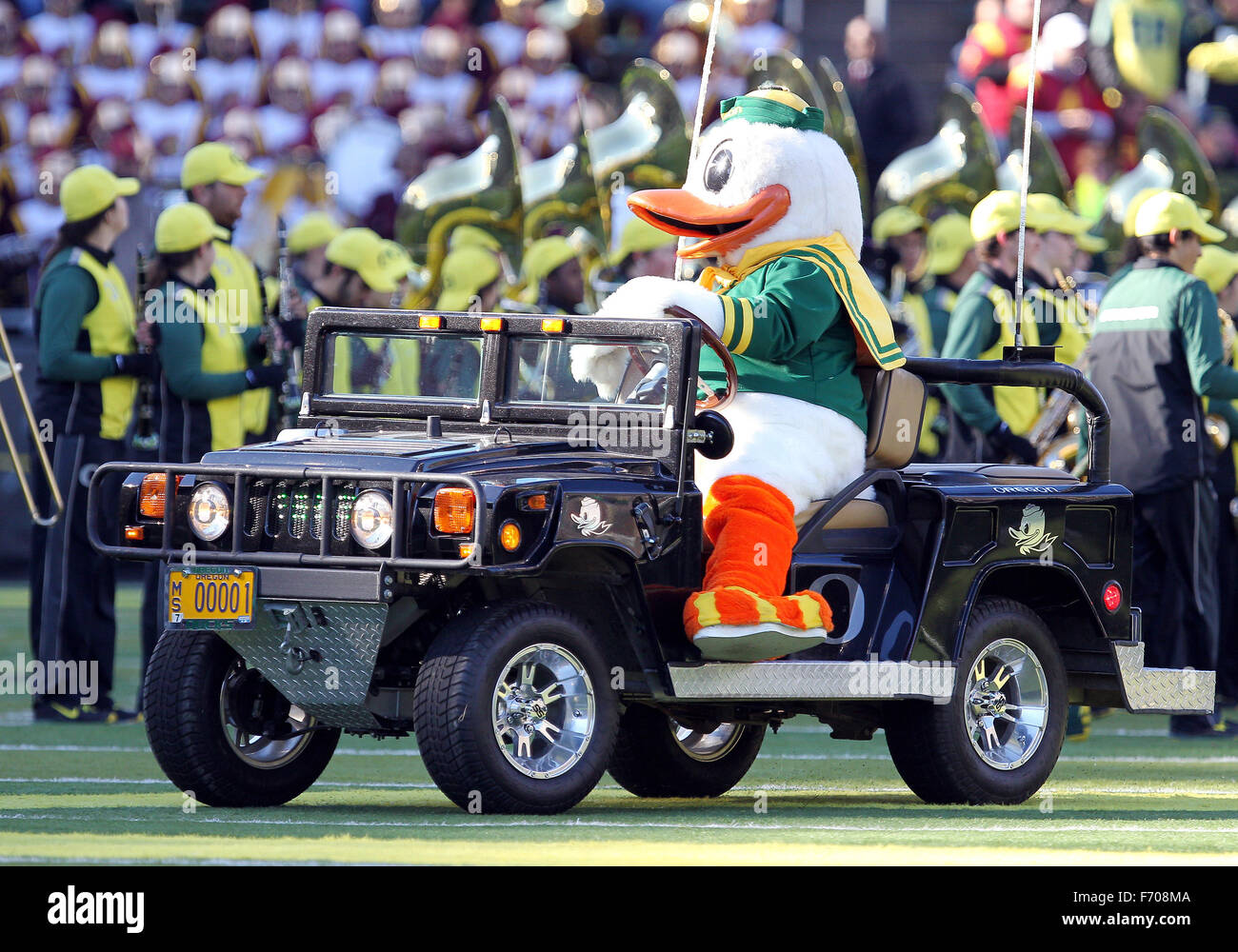 Autzen Stadium, Eugene, OR, USA. 21st Nov, 2015. The Oregon Duck drives a mini-Hummer prior to the NCAA football game between the Ducks and the USC Trojans at Autzen Stadium, Eugene, OR. Larry C. Lawson/CSM/Alamy Live News Stock Photo