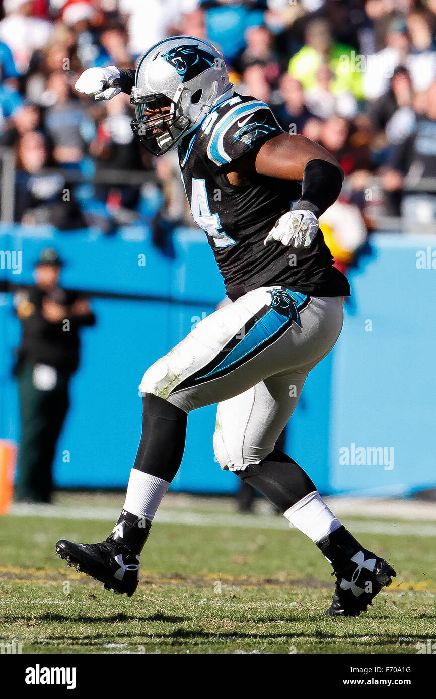 Charlotte, NC, USA. 22nd Nov, 2015. Kony Ealy (94) of the Carolina Panthers celebrates his pass block in the second quarter of the NFL Football match-up between the Washington Redskins and the Carolina Panthers at Bank of America Stadium in Charlotte, NC. Scott Kinser/CSM/Alamy Live News Stock Photo