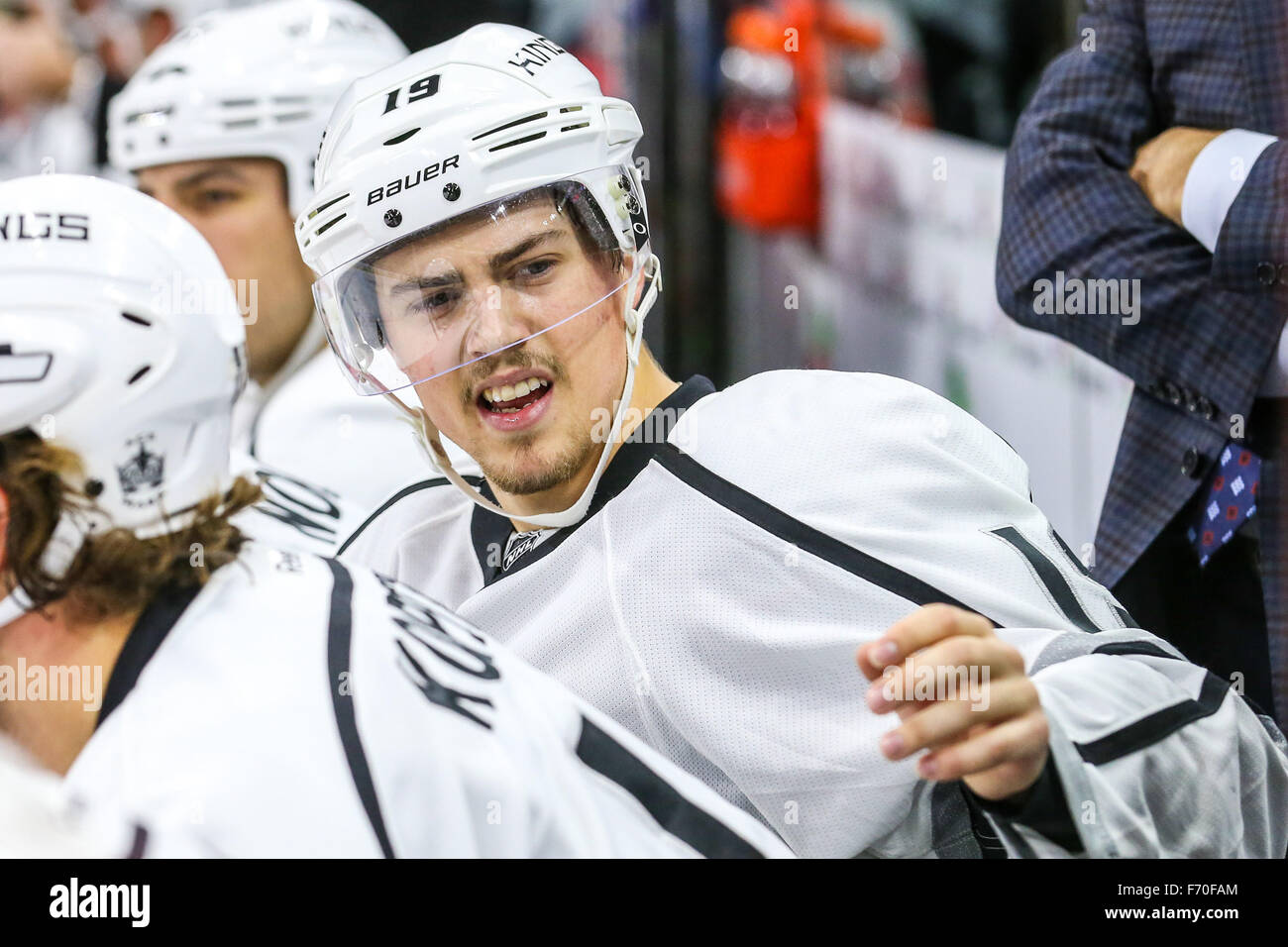 Raleigh, North Carolina, USA. 22nd Nov, 2015. Los Angeles Kings center Jordan Weal (19) during the NHL game between the Los Angeles Kings and the Carolina Hurricanes at the PNC Arena. Credit:  Andy Martin Jr./ZUMA Wire/Alamy Live News Stock Photo