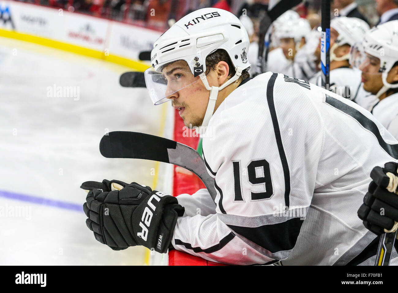Raleigh, North Carolina, USA. 22nd Nov, 2015. Los Angeles Kings center Jordan Weal (19) during the NHL game between the Los Angeles Kings and the Carolina Hurricanes at the PNC Arena. Credit:  Andy Martin Jr./ZUMA Wire/Alamy Live News Stock Photo