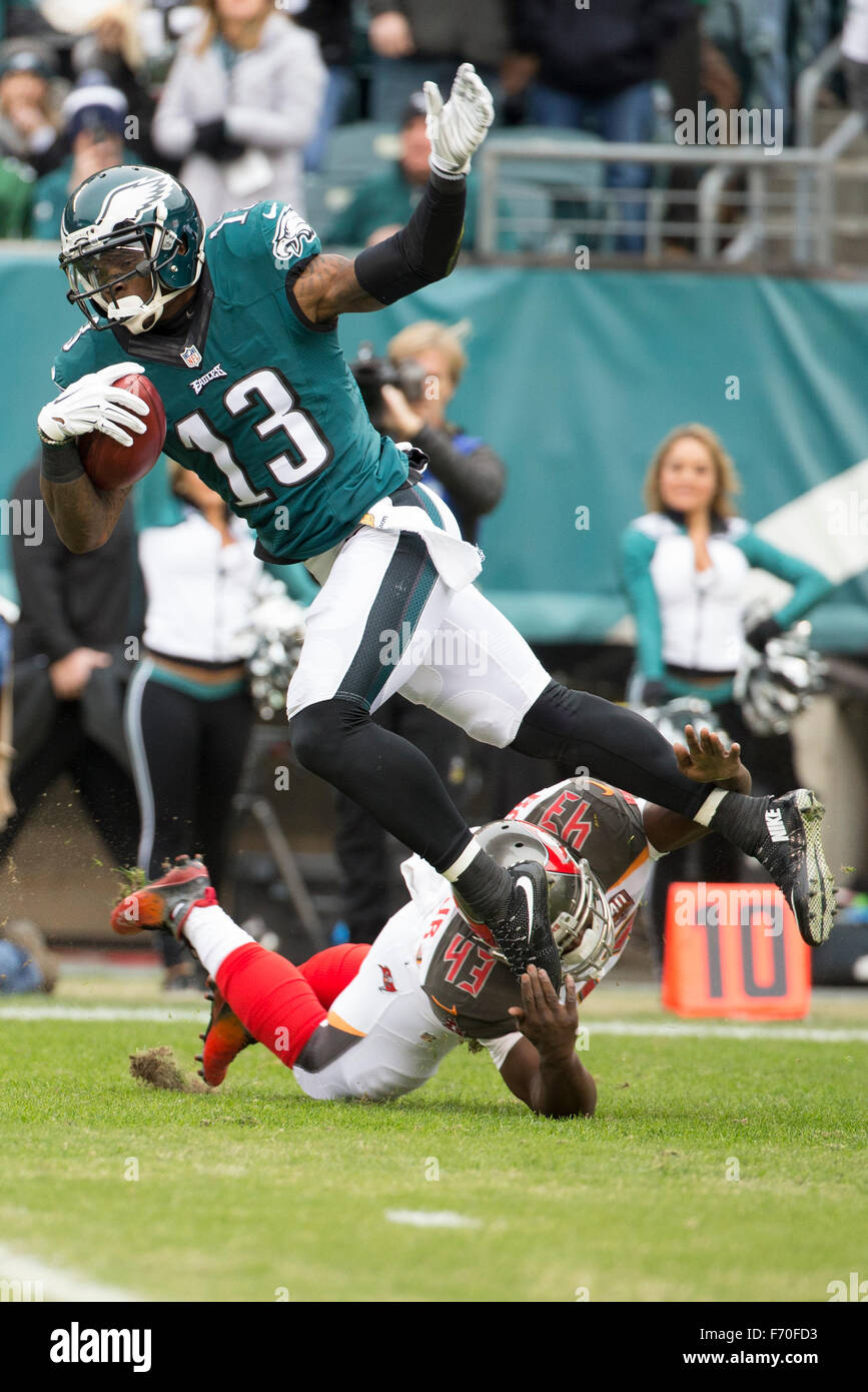 Philadelphia, Pennsylvania, USA. 22nd Nov, 2015. Philadelphia Eagles wide receiver Josh Huff (13) returns the kick as Tampa Bay Buccaneers running back Bobby Rainey (43) tries to bring him down during the NFL game between the Tampa Bay Buccaneers and the Philadelphia Eagles at Lincoln Financial Field in Philadelphia, Pennsylvania. The Tampa Bay Buccaneers won 45-17. Christopher Szagola/CSM/Alamy Live News Stock Photo