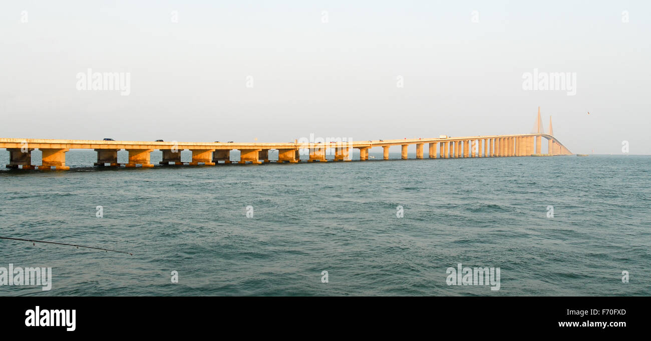 Sunshine Skyway Bridge at sunset in Tampa Bay, Florida. Stock Photo