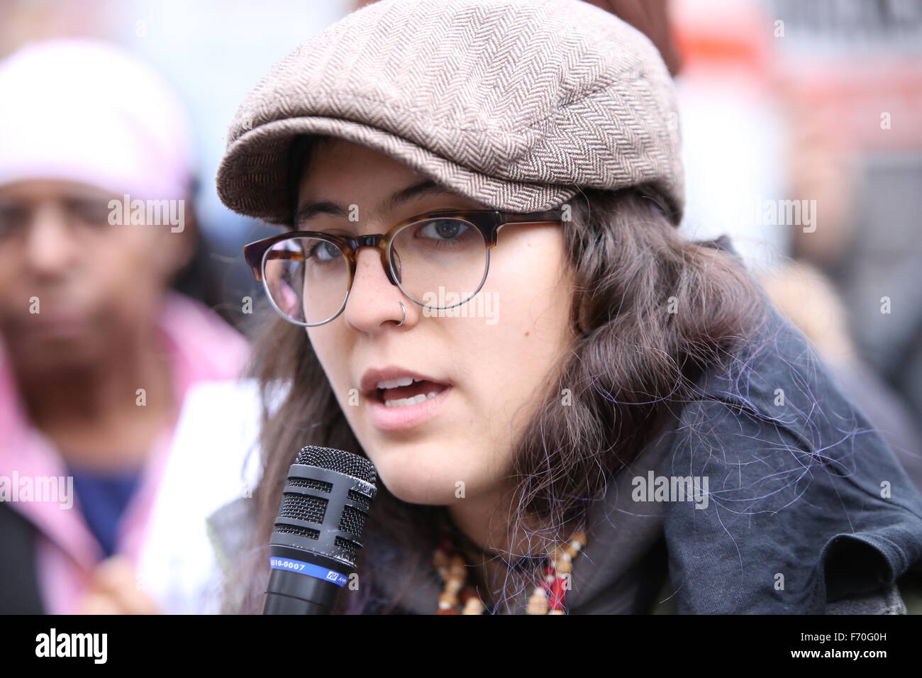 New York City, United States. 22nd Nov, 2015. Adrienne Luendo speaks out. Stop Mass Incarcerations Network sponsored a children's march demanding accountability on the one year anniversary of Tamir Rice's death at the hands of the Cleveland police. © Andy Katz/Pacific Press/Alamy Live News Stock Photo