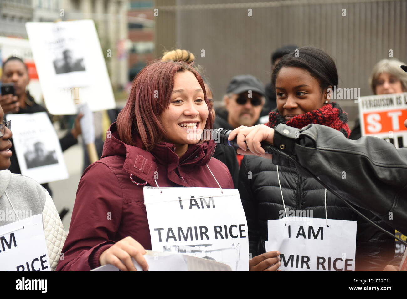 New York City, United States. 22nd Nov, 2015. Teen marchers introduce themselves at Union Square. Stop Mass Incarcerations Network sponsored a children's march demanding accountability on the one year anniversary of Tamir Rice's death at the hands of the Cleveland police. © Andy Katz/Pacific Press/Alamy Live News Stock Photo
