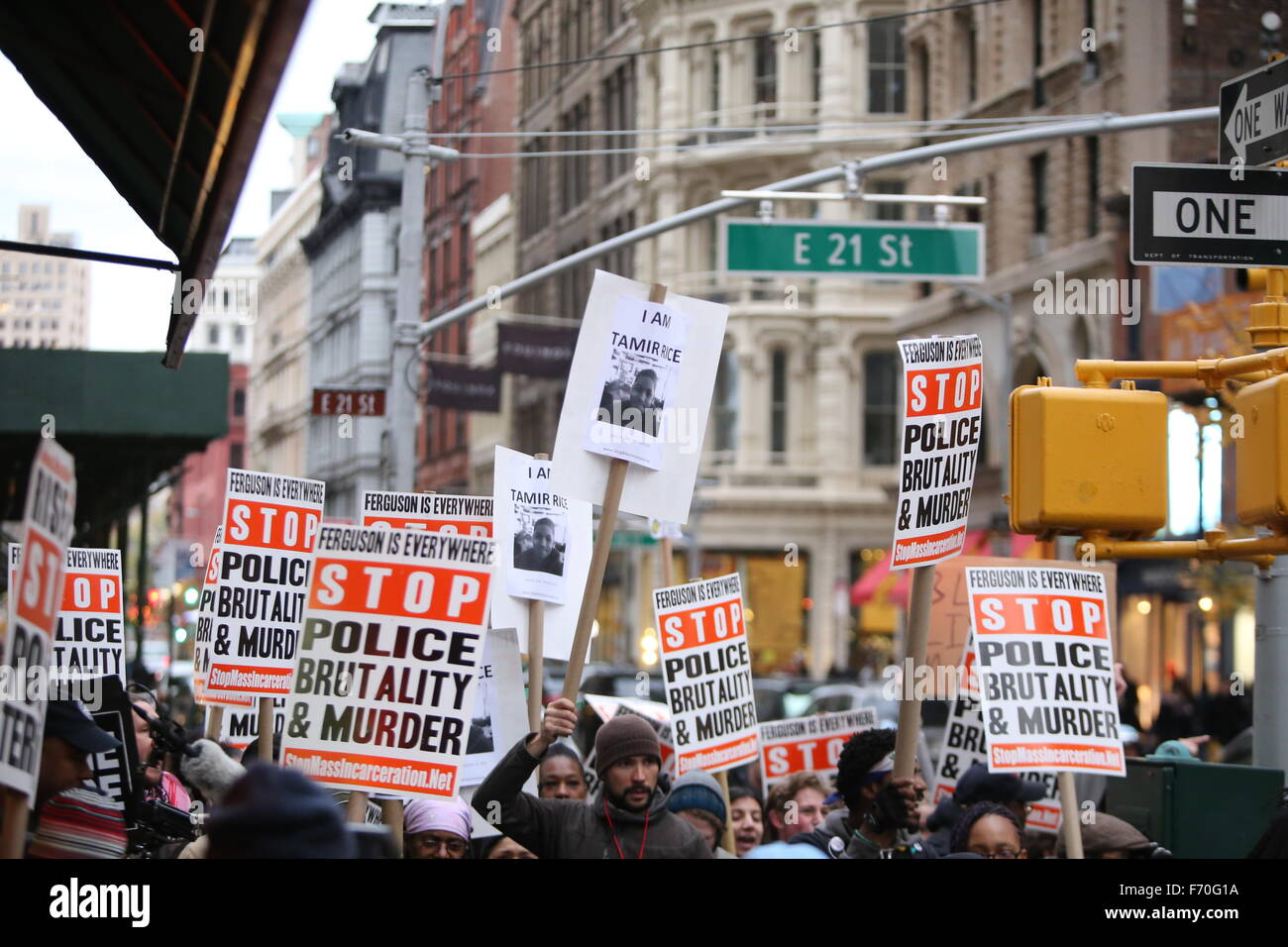 New York City, United States. 22nd Nov, 2015. Signs fill Broadway. Stop Mass Incarcerations Network sponsored a children's march demanding accountability on the one year anniversary of Tamir Rice's death at the hands of the Cleveland police. © Andy Katz/Pacific Press/Alamy Live News Stock Photo