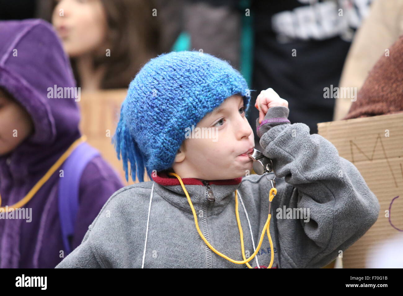 New York City, United States. 22nd Nov, 2015. Little activist with whistle. Stop Mass Incarcerations Network sponsored a children's march demanding accountability on the one year anniversary of Tamir Rice's death at the hands of the Cleveland police. © Andy Katz/Pacific Press/Alamy Live News Stock Photo