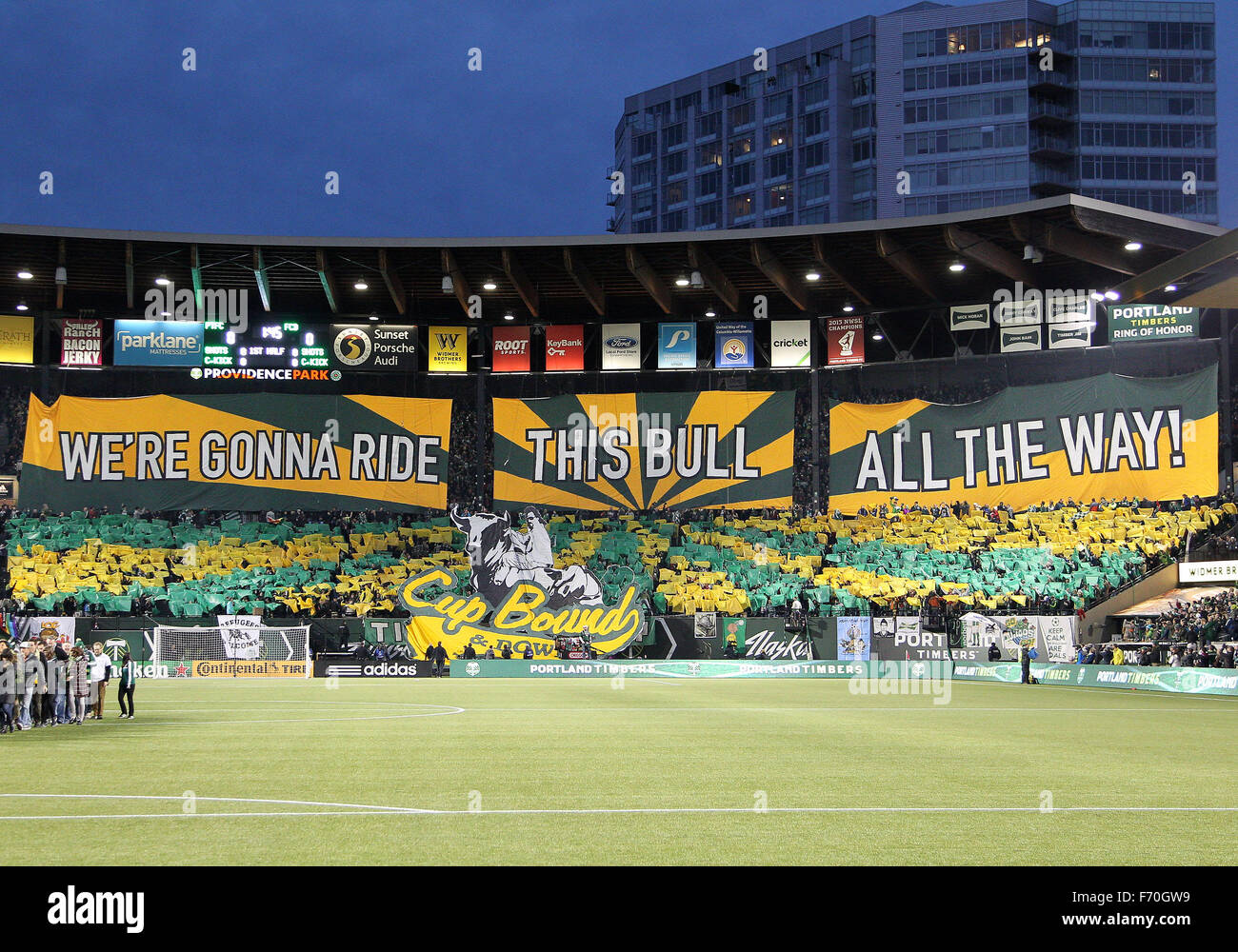 Providence Park, Portland, OR, USA. 22nd Nov, 2015. Timbers fans display their tifo prior to the opening 2015 MLS Playoff match between visiting FC Dallas and the Portland Timbers at Providence Park, Portland, OR. Larry C. Lawson/CSM/Alamy Live News Stock Photo