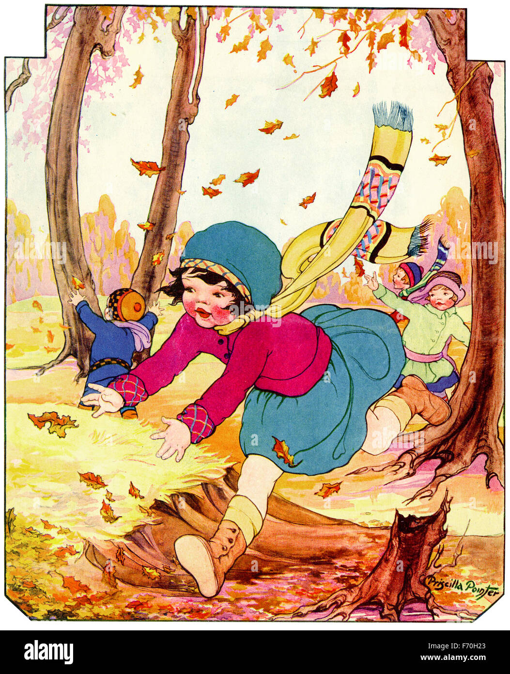 Vintage magazine cover illustration by Priscilla Pointer of children playing oudoors in autumn - 1926 - with clipping path Stock Photo