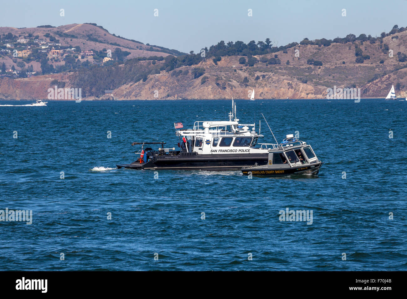 San Francisco Police Department rescue boat patrolling the San Francisco Bay during fleet week, San Francisco, California, USA Stock Photo