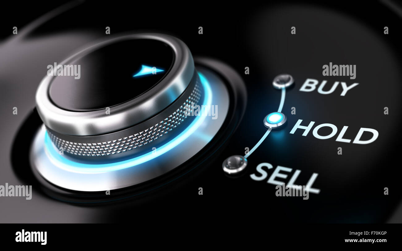 Trading platform concept with selector knob positioned on the word hold over black background and blue light. Concept image for Stock Photo