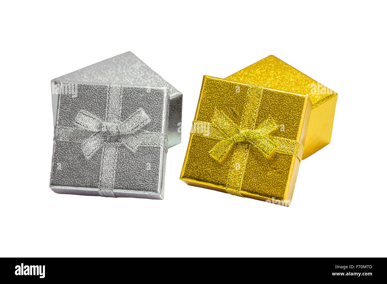 Golden and silver gift box with golden ribbon on white background Stock ...