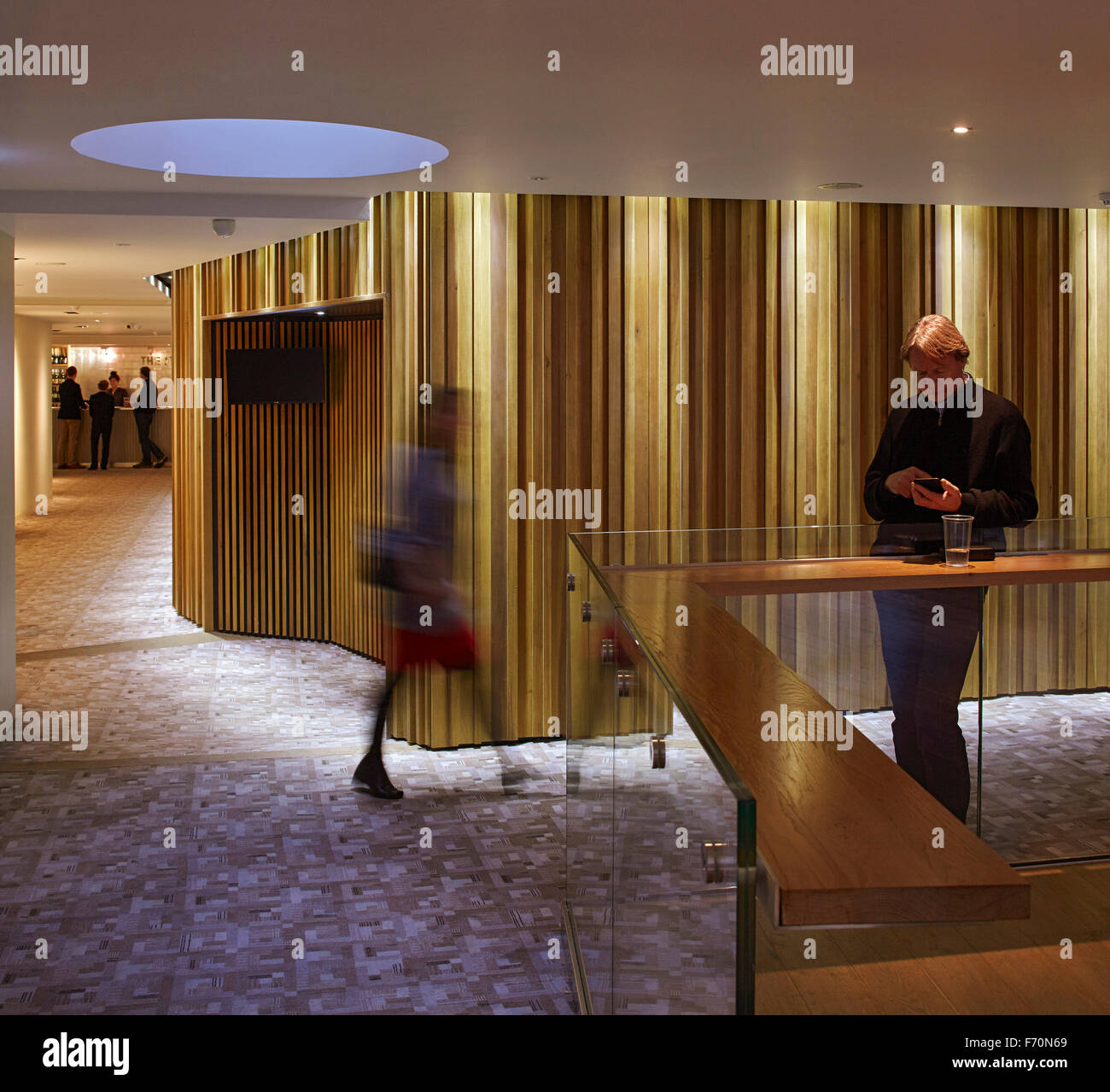 Timber clad theatre entrance and entrance bar. Cambridge Arts Theatre