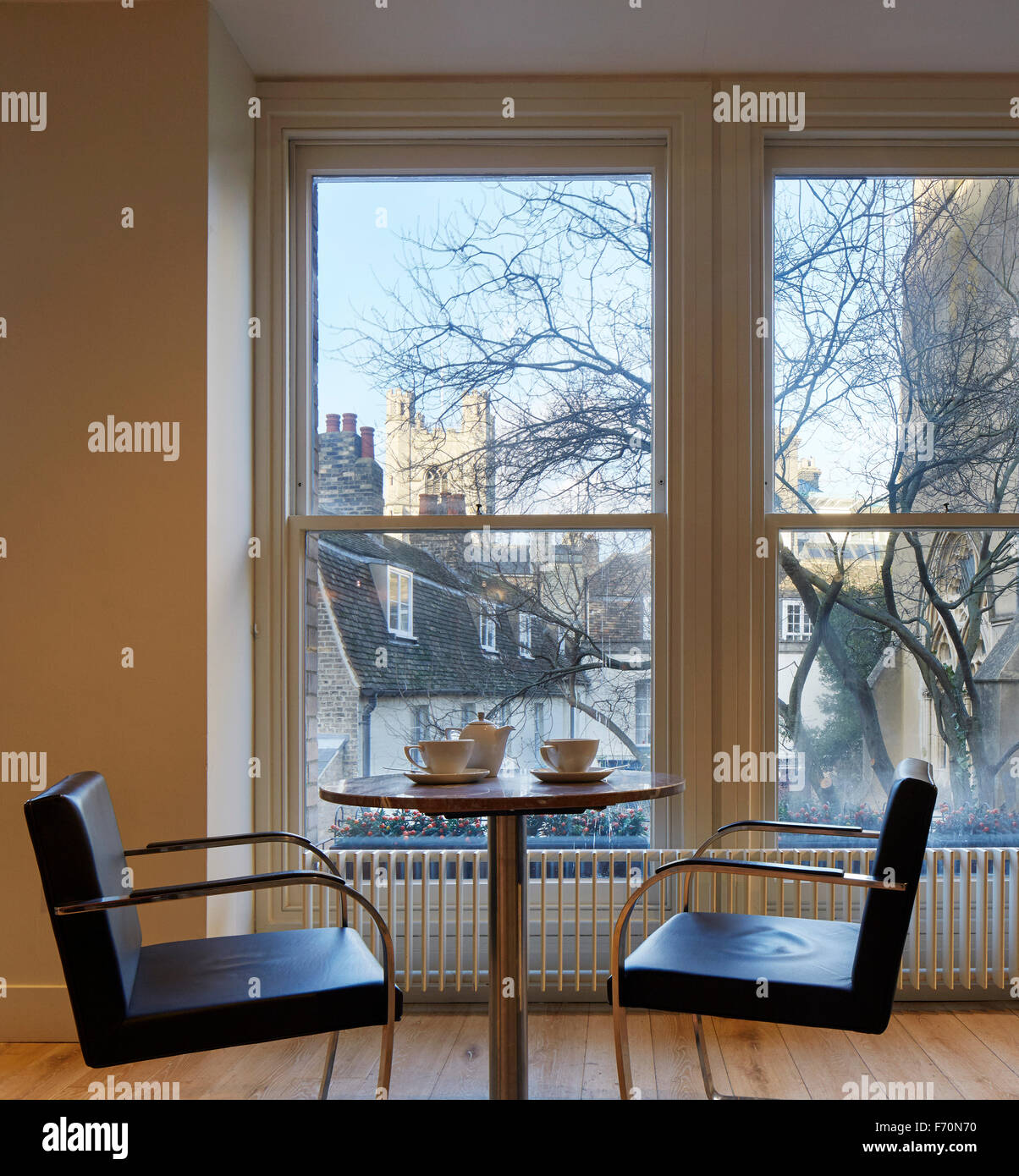Bar and cafe seating with view towards city. Cambridge Arts Theatre