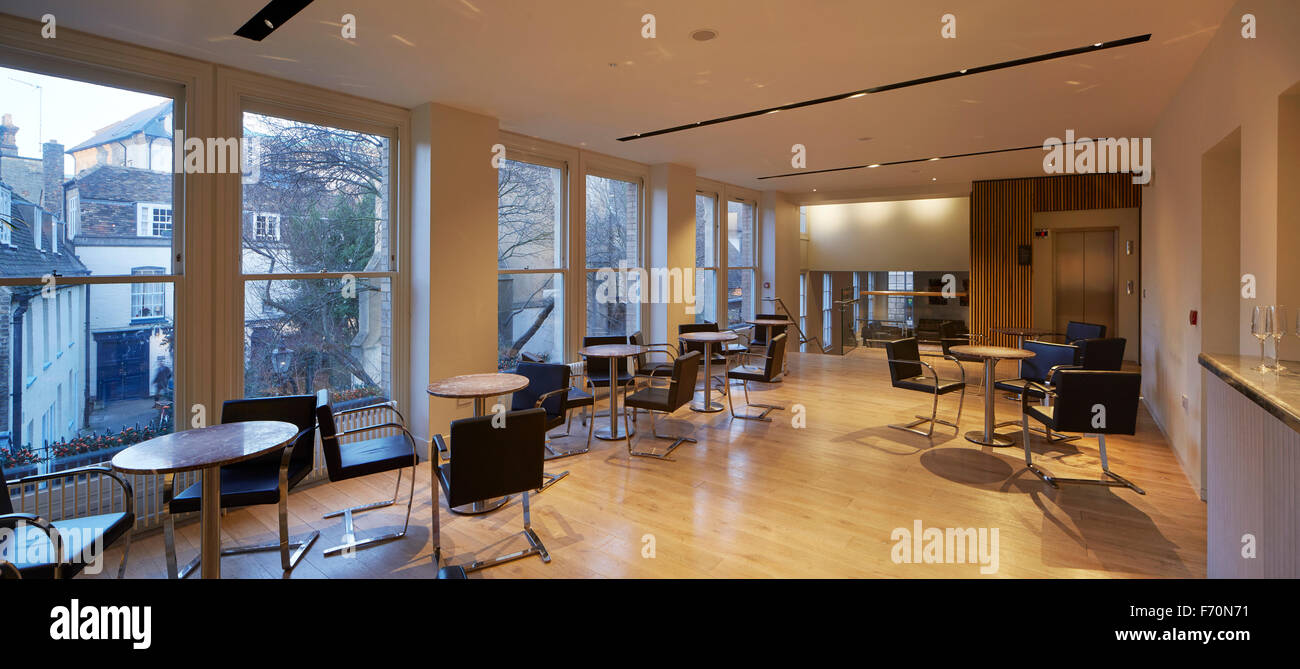 Panorama of bar and cafe seating on upper floor. Cambridge Arts Theatre