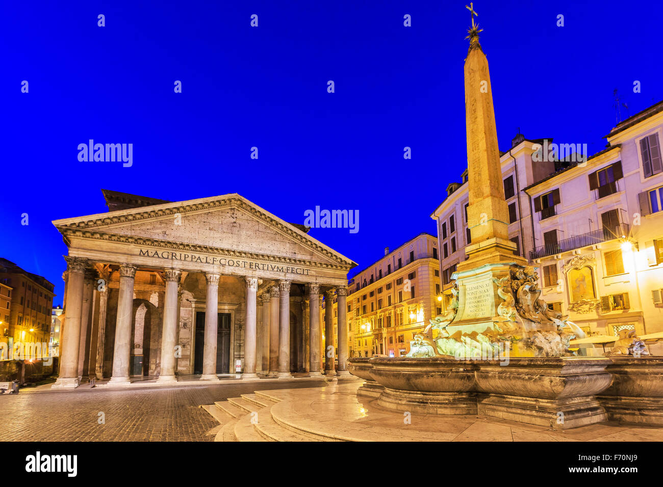 Pantheon, Rotonda square and Fountain at twilight. Rome, Italy Stock Photo