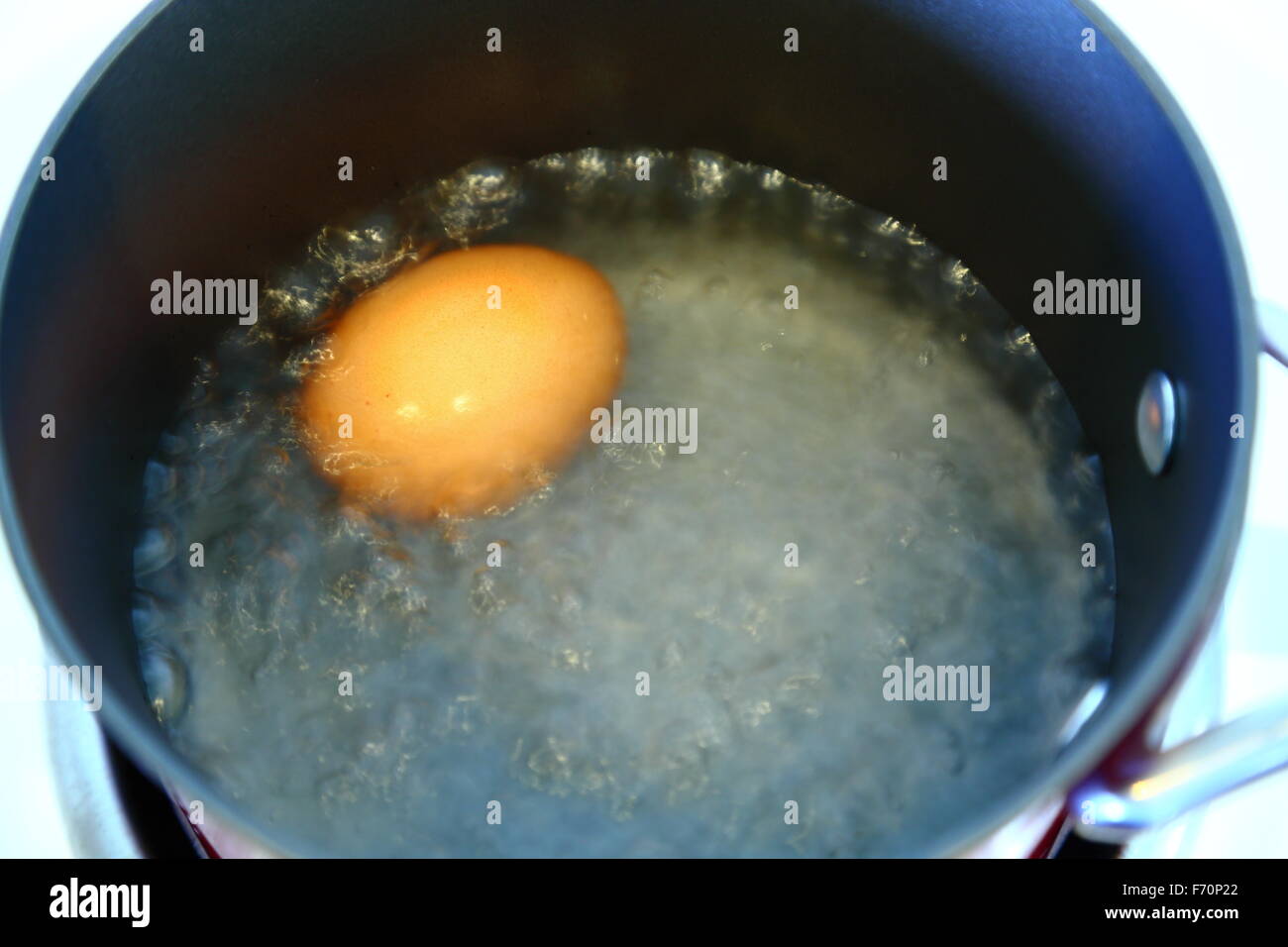 An egg boiling in a red pot on a stove top, viewed from above. Stock Photo
