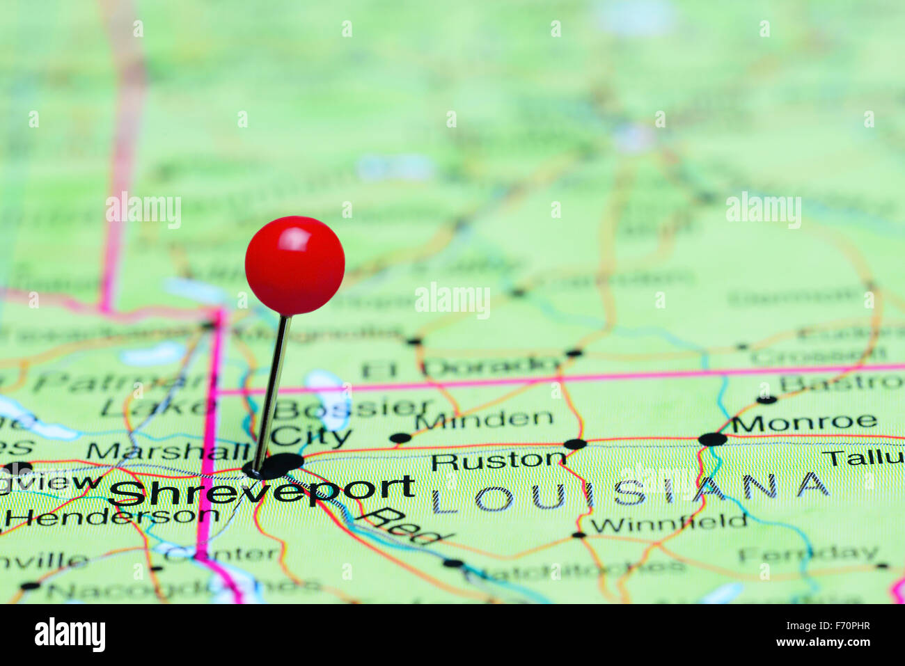 Shreveport pinned on a map of USA Stock Photo
