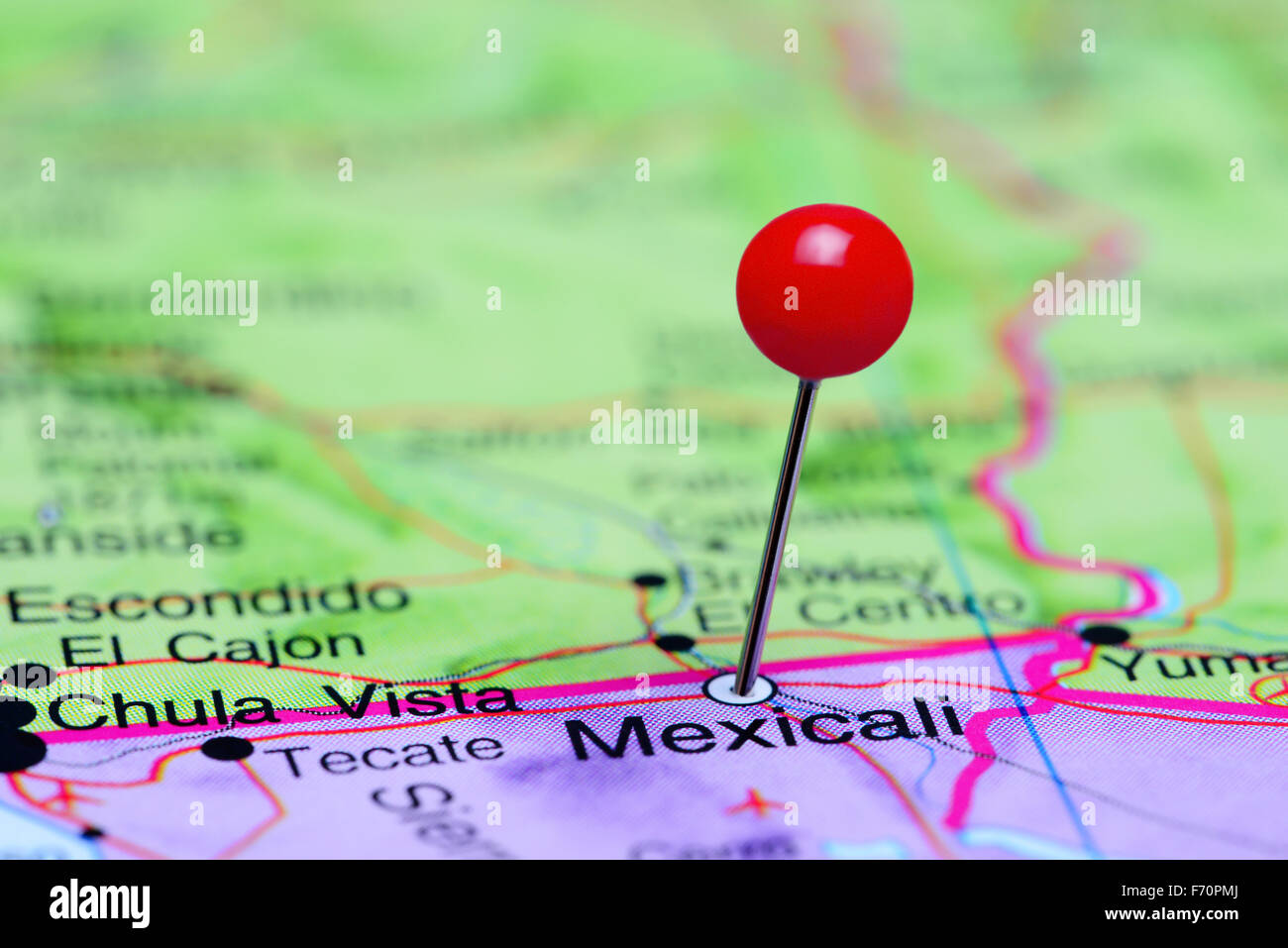 Mexicali pinned on a map of Mexico Stock Photo