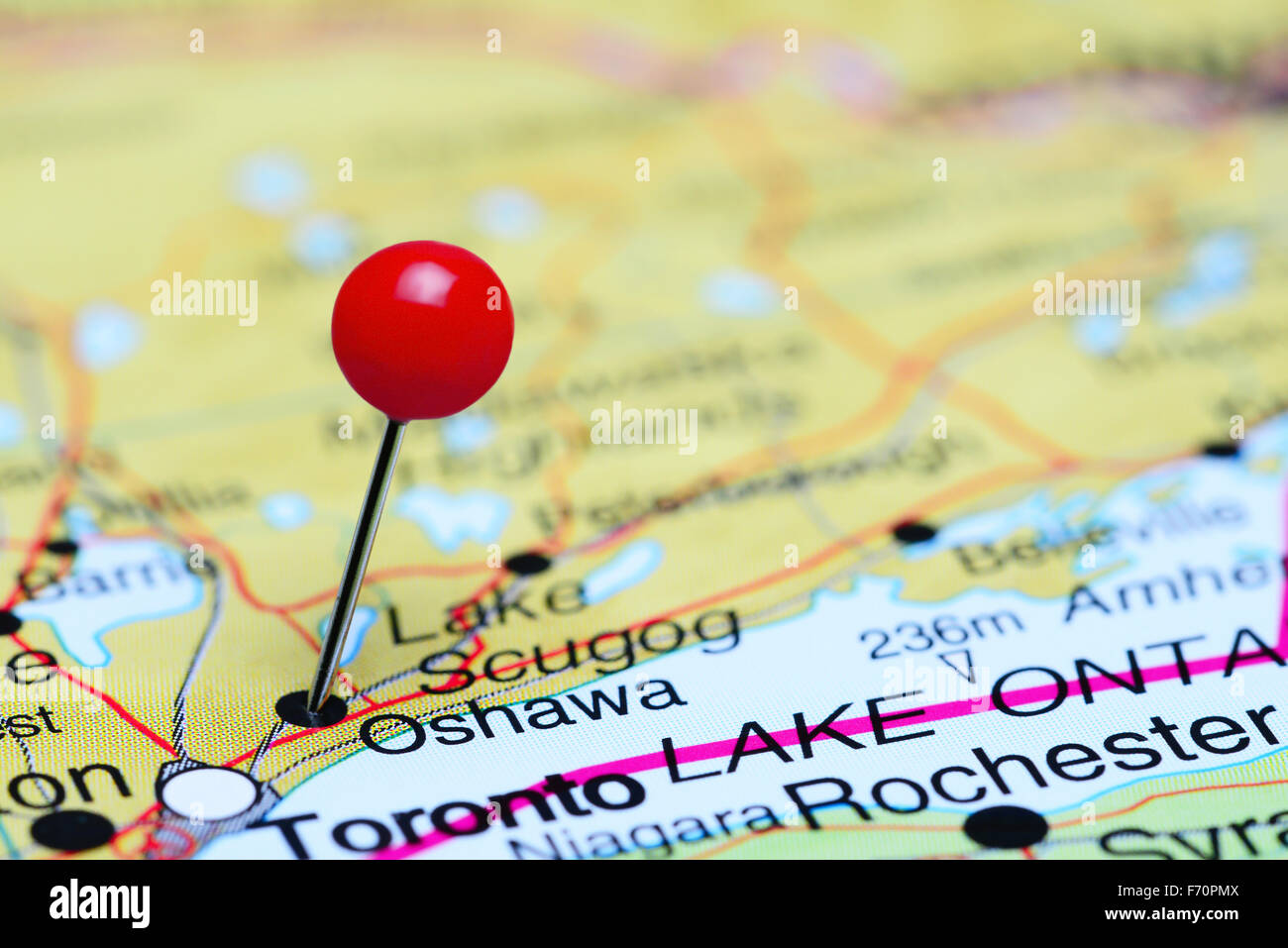 Oshawa pinned on a map of Canada Stock Photo
