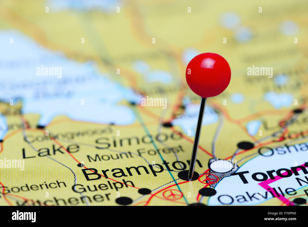 Brampton pinned on a map of Canada Stock Photo