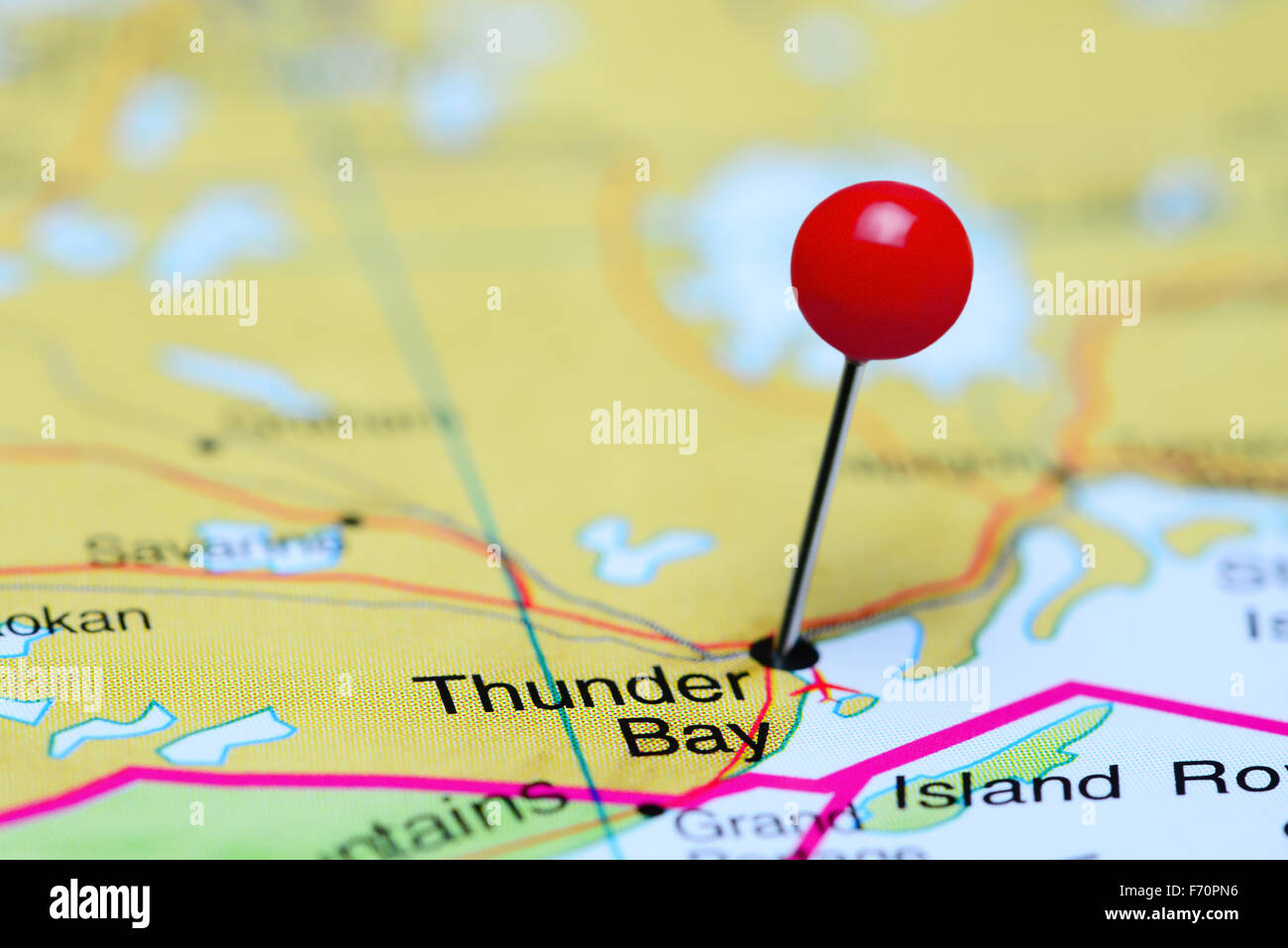 Thunder Bay pinned on a map of Canada Stock Photo