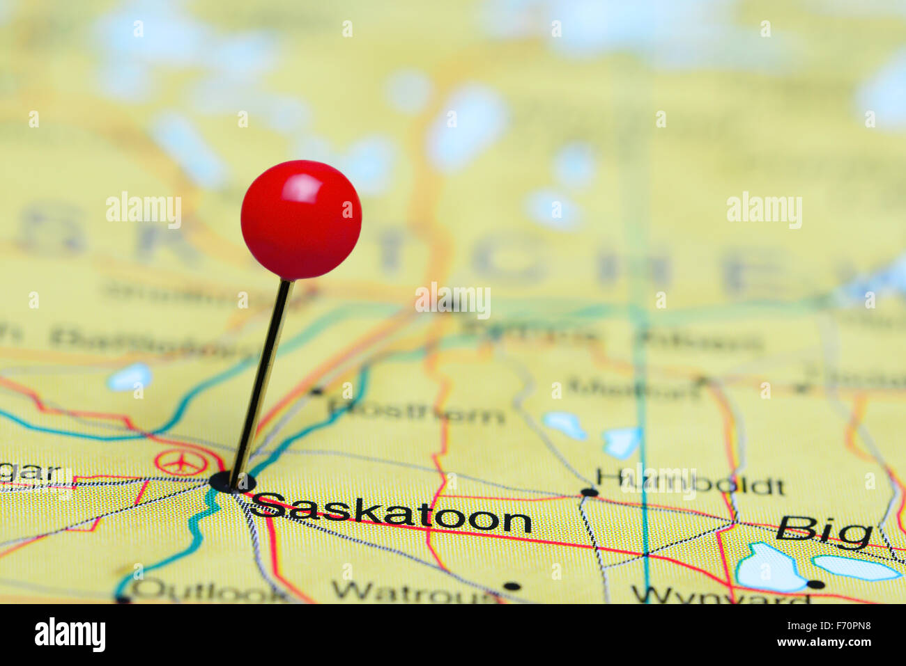 Saskatoon pinned on a map of Canada Stock Photo