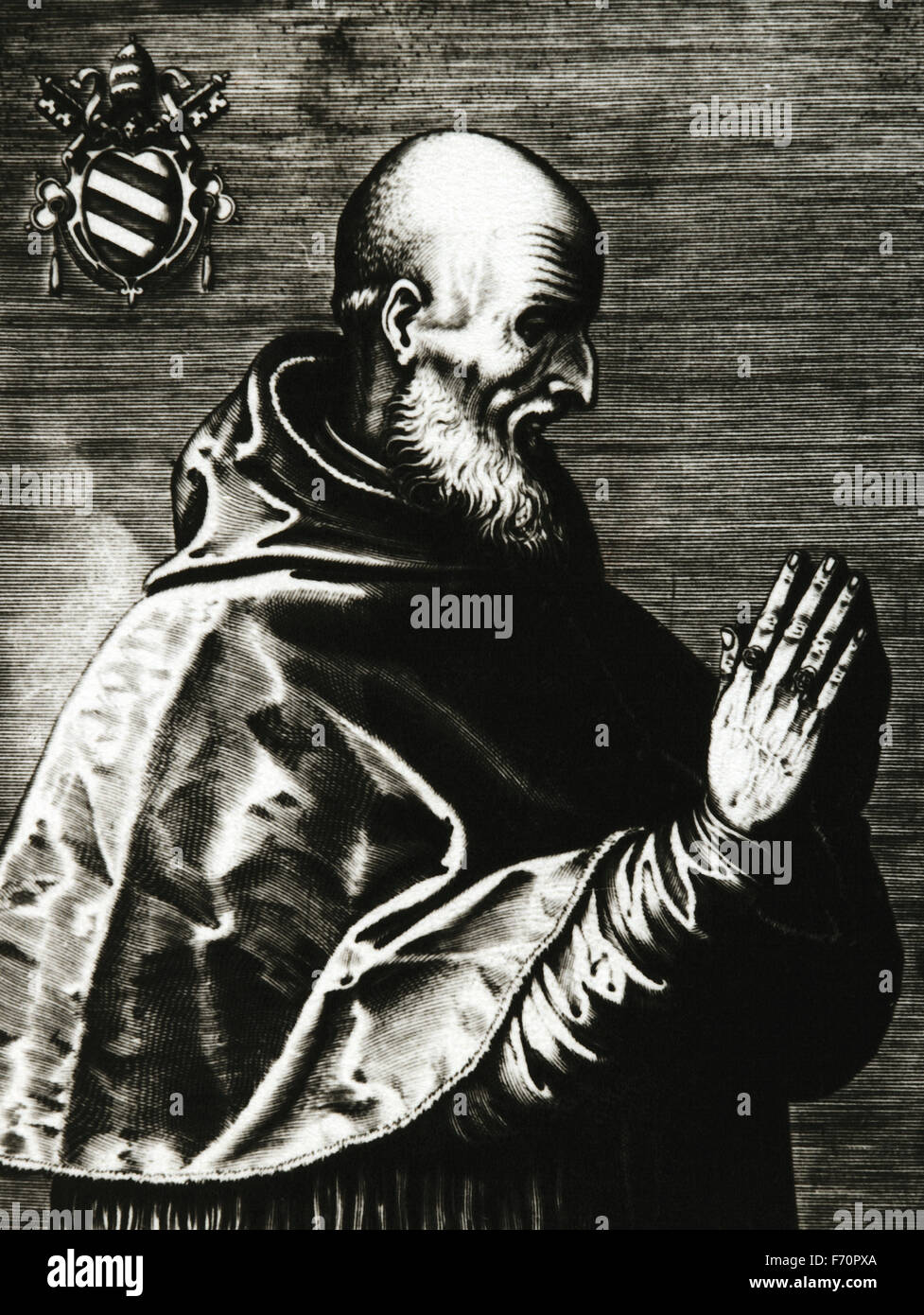 Pope Pius V (1504-1572). Born Antonio Ghisilieri (from 1518 called Michele Ghislieri). Pope from 1566-1572. Portrait. Engraving. Stock Photo
