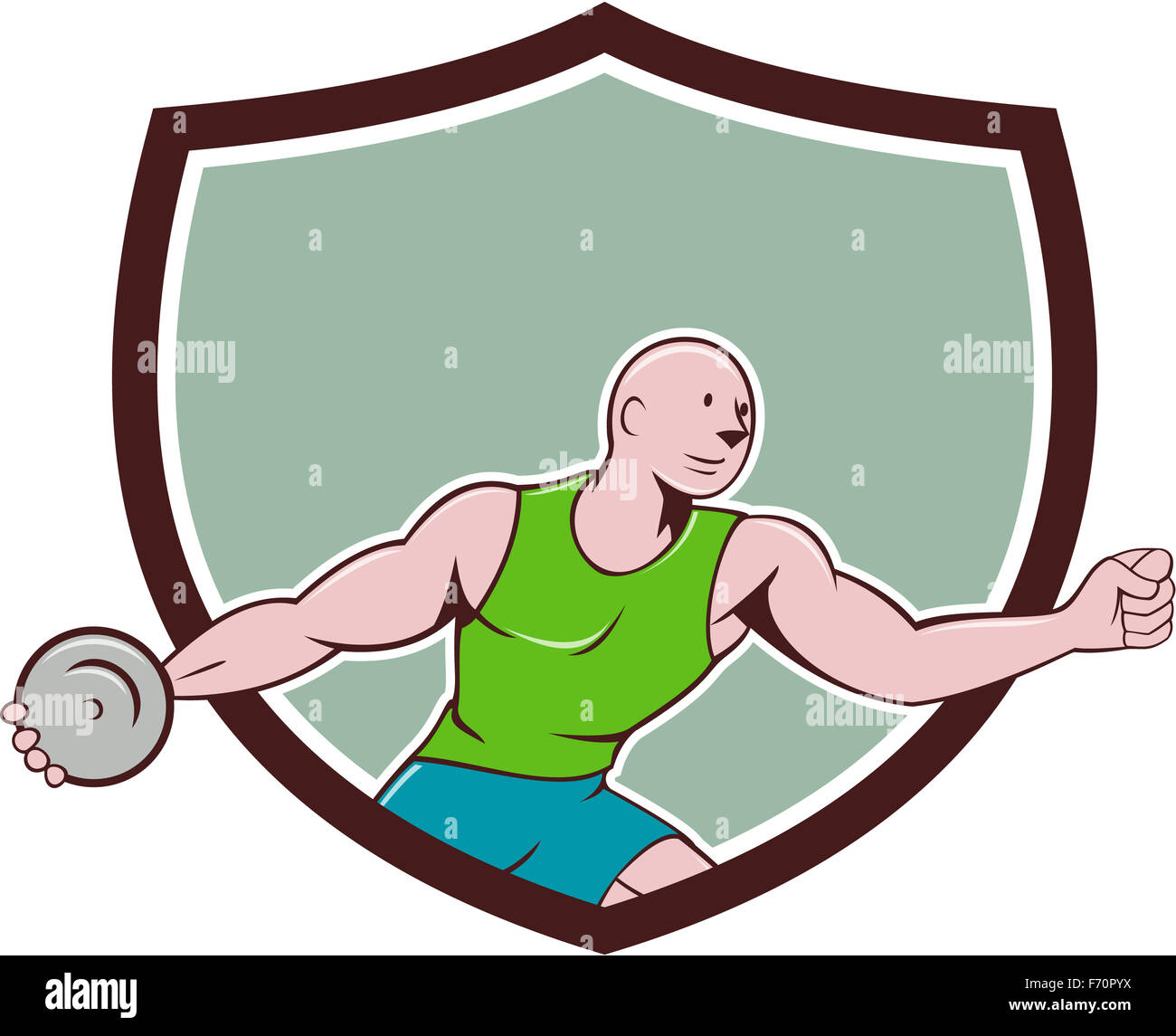 Illustration of a discus thrower viewed from the side set inside shield crest on isolated background done in cartoon style. Stock Photo