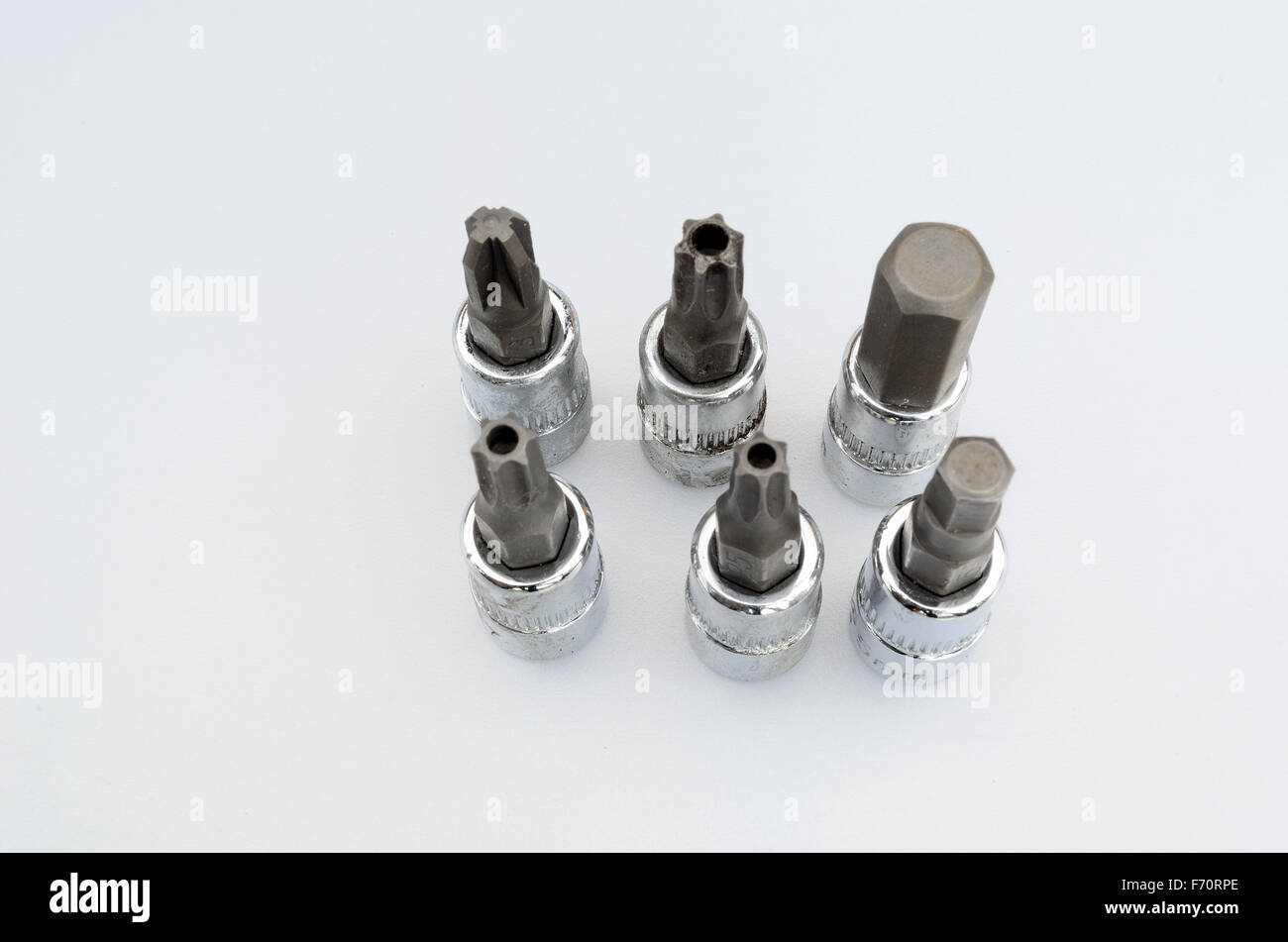 different types of bits for socket wrenches isolated on white
