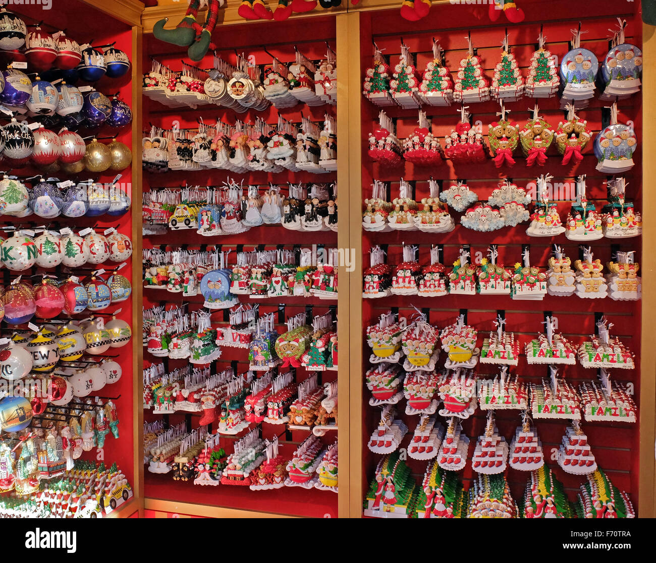 A display of Christmas tree ornaments for sale at the Union Square Market holiday stalls in New York City Stock Photo
