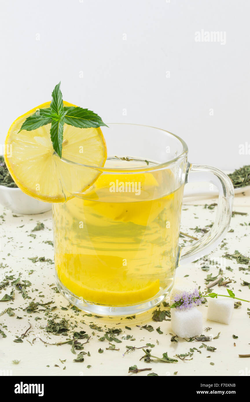 Mint tea with lemon and a fresh mint plant on the table Stock Photo Alamy