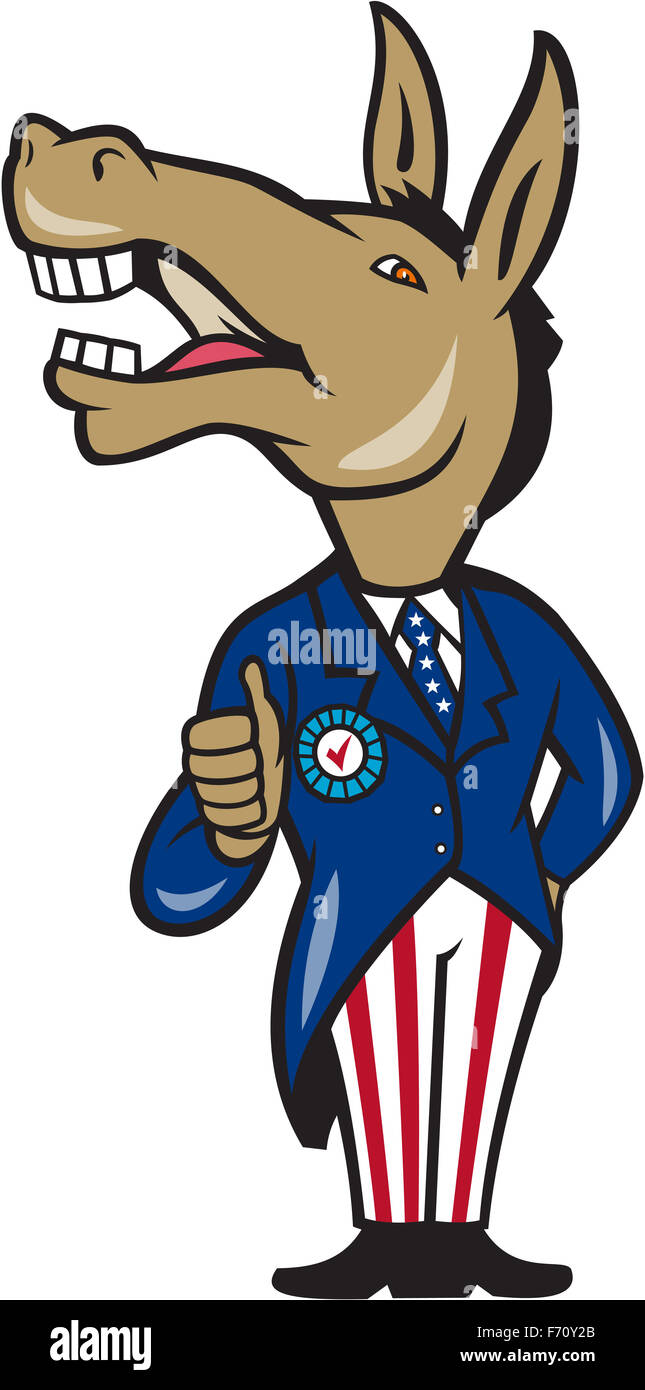 Illustration of a democrat donkey mascot of the democratic grand old party gop showing thumbs up looking to the side wearing american stars and stripes suit done in cartoon style on isolated white background. Stock Photo